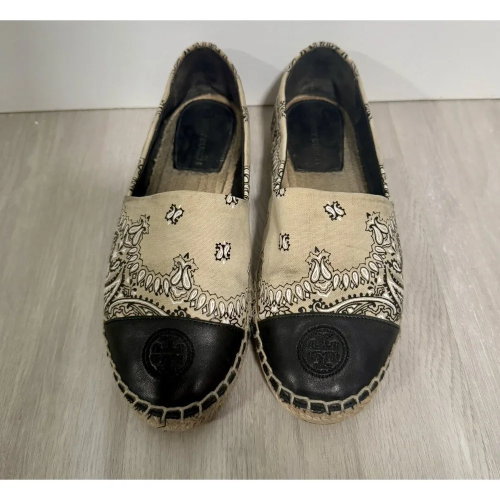 TORY BURCH IVORY AMERICANA BANDANA COLOR BLOCK FLAT‎ ESPADRILLE sz 7.5